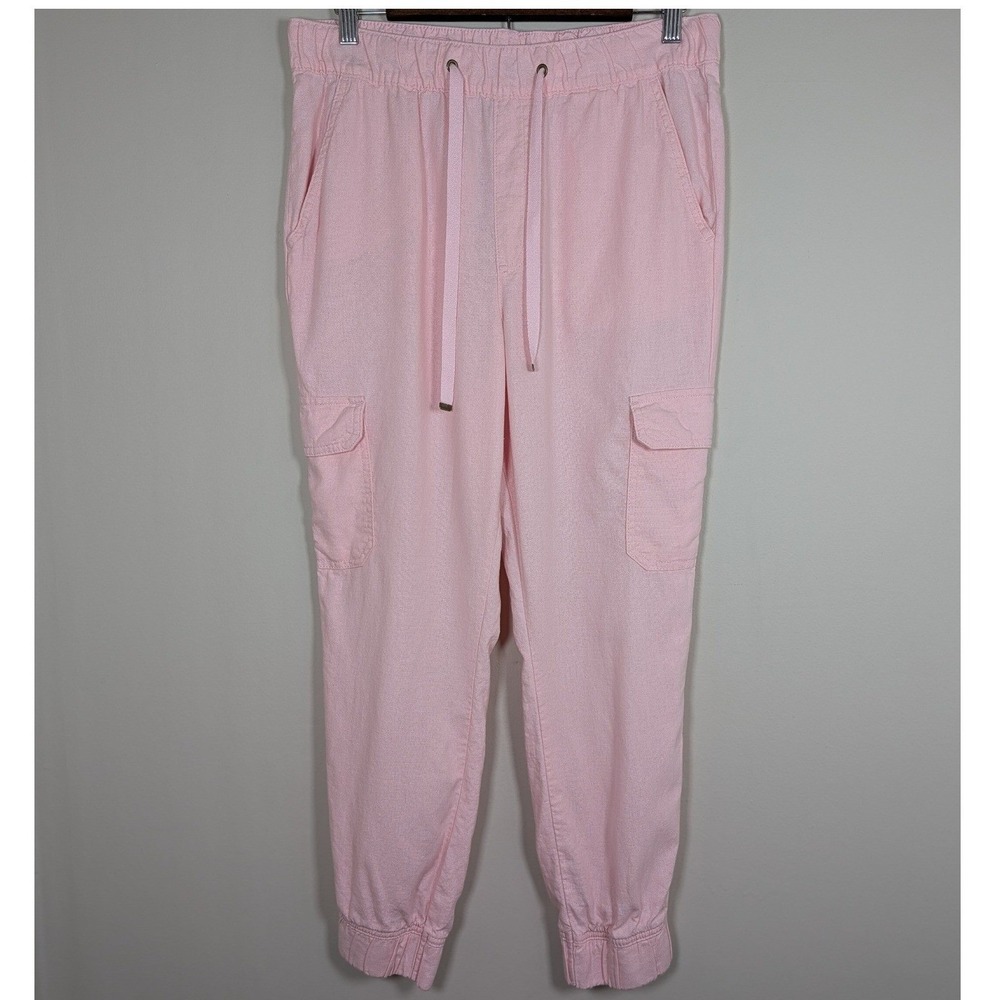 St Johns Bay Pink Linen Blend Cargo Jogger Pants Womens Medium Drawstring Waist